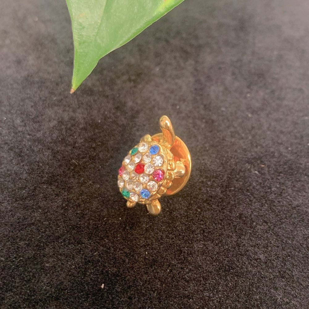 Miniature Gold Tone Turtle Pin with Multi-Colored Crystal Shell Details